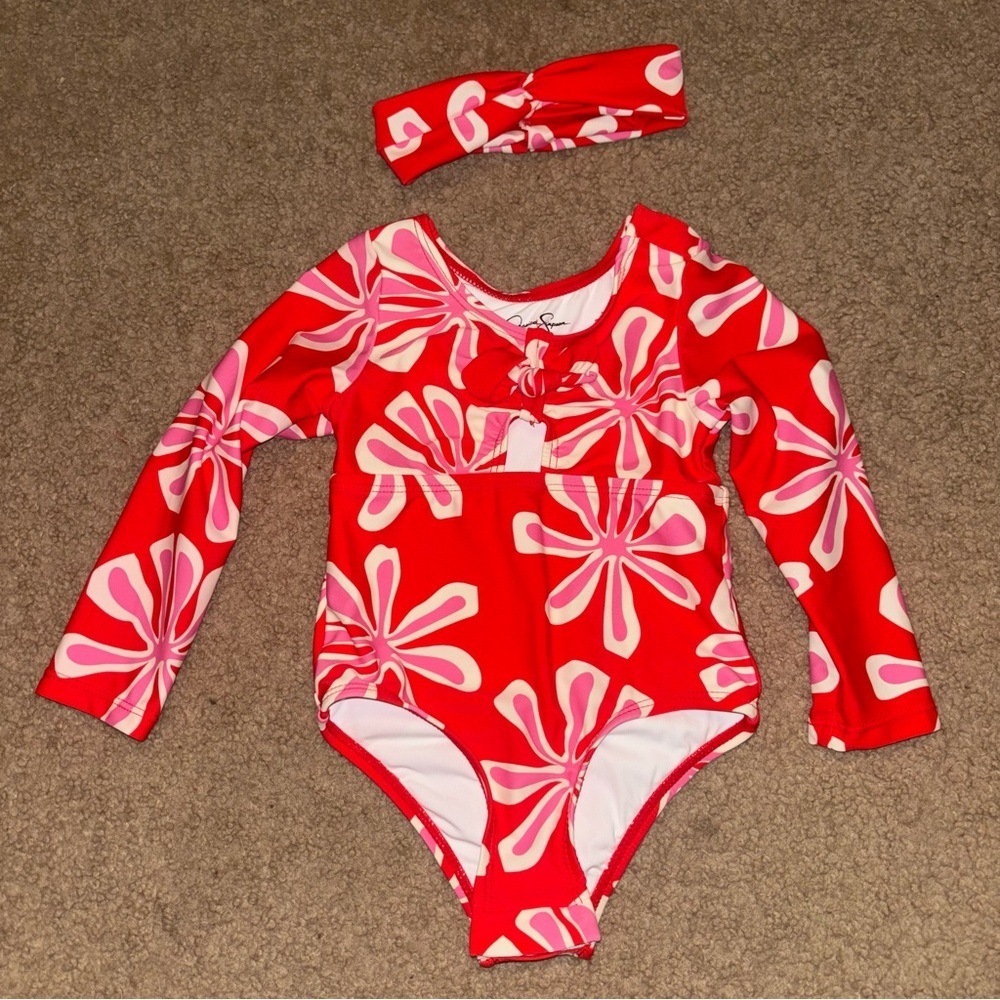 Jessica Simpson Red and Pink Floral Girls Long-Sleeve Swimsuit with Headband